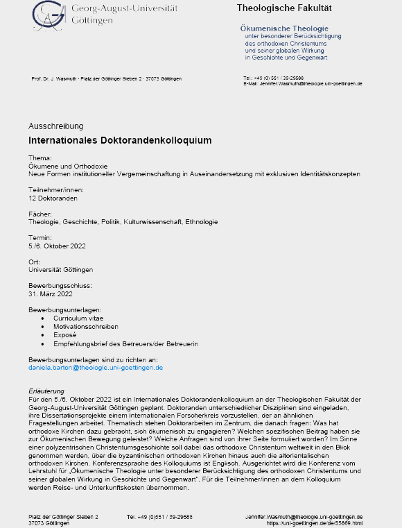 Internationales Doktorandenkolloquium Ausschreibung für 2022 Universität Göttingen Theologische Fakultät