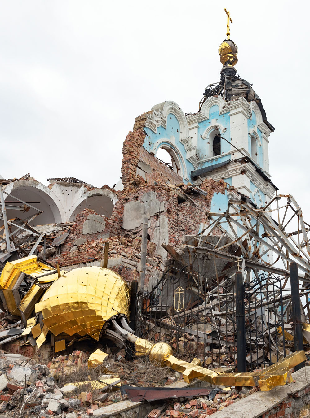Scars of war. The tragic aftermath of violence and aggression, as a church stands in ruins from the horrors of war in Bogorodichne Donetsk reg., a victim of Russian military action against Ukraine. 